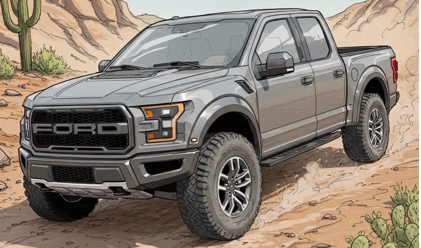 An AI rendering of a Ford F150 drives through the desert.