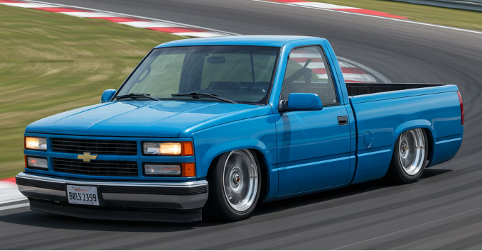 An AI rendering of a classic OBS truck on a race track