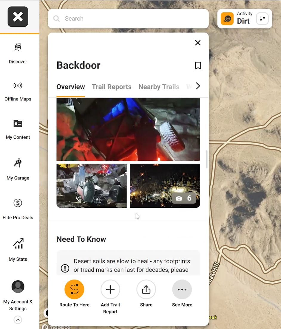 Backdoor screen view 2 onX Offroad app shows Backdoor trail specs in Johnson Valley